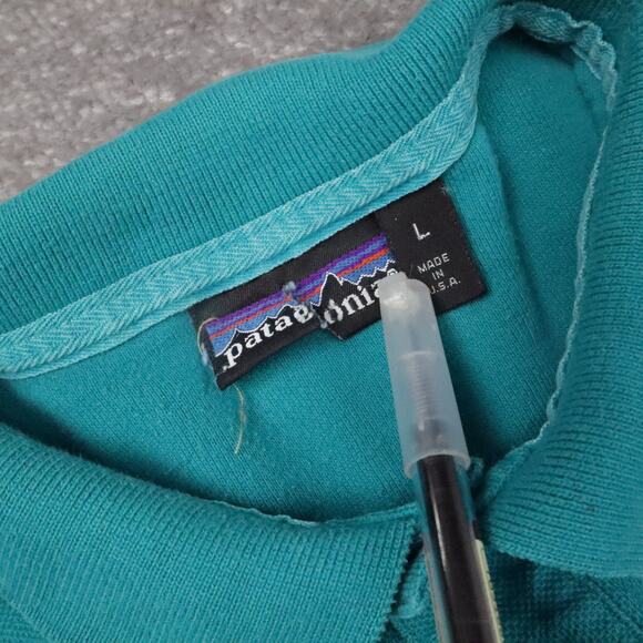 VTG Patagonia Logo Made in USA Large Blue Short Sleeve Collared Polo Shirt - Picture 7 of 10